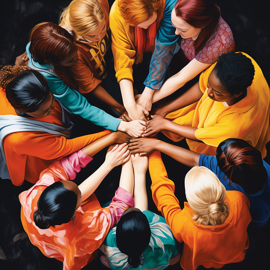 Celebrates the strength of support groups, featuring diverse individuals joining hands.