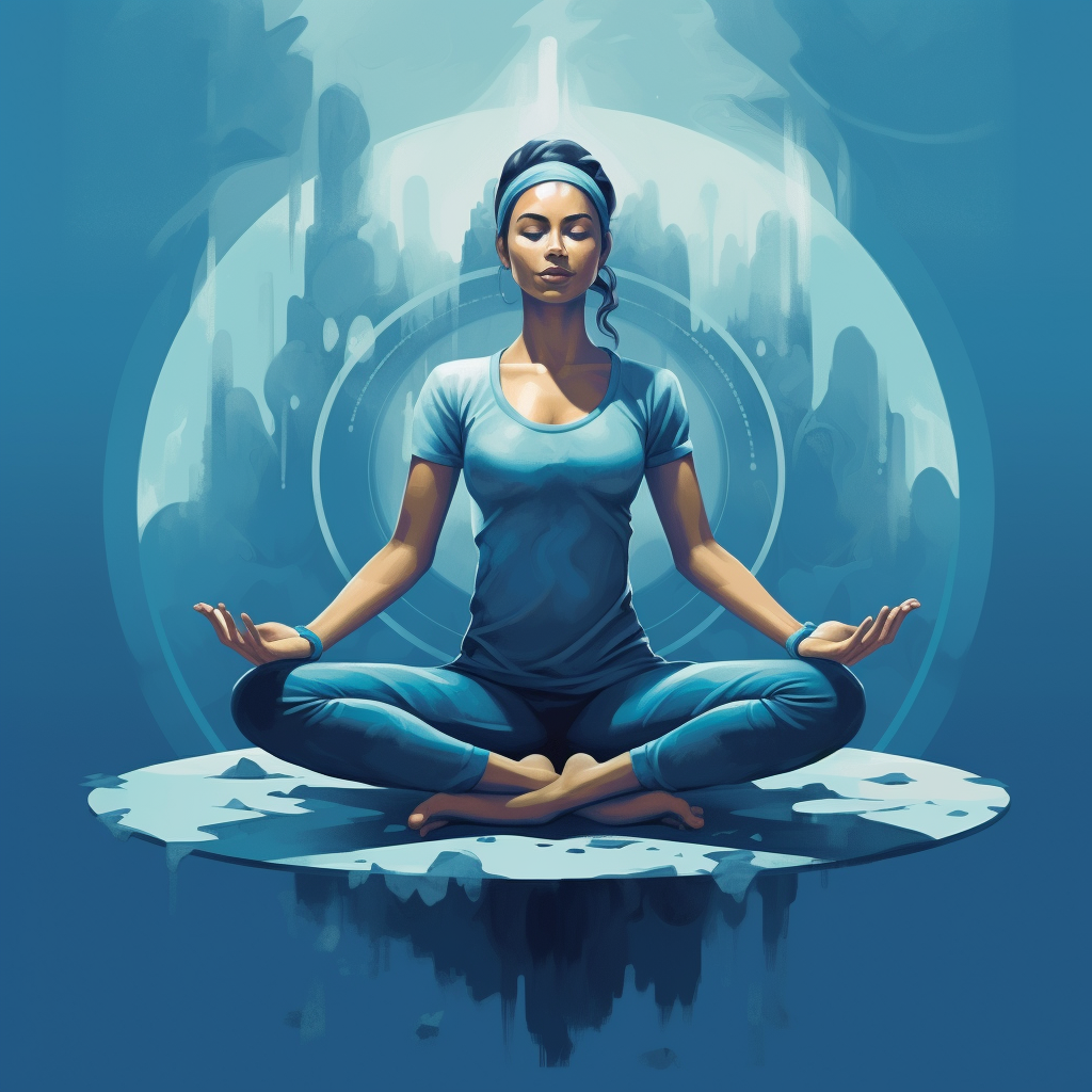 The concept of balance and well-being, combining images of yoga poses and calming blue tones.