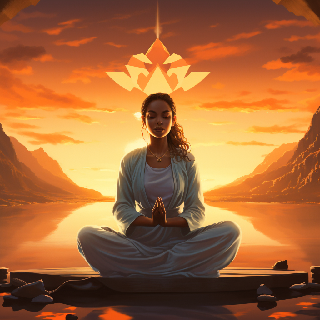 Inner peace and harmony, using meditative visuals and warm, calming tones.