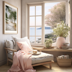 Conveys the idea of a peaceful retreat for relaxation, featuring cozy spaces and soft colors.