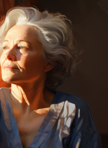 An elderly woman pleasantly looking out a window with a soft sun glow on part of her face.